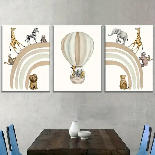 3pcs Modern Fashion Hot Air Balloon Animal Abstract Art Wall Art Set Canvas Framed 40x60cm - High Quality Print 100% Australian Made Wall Canvas Ready to Hang