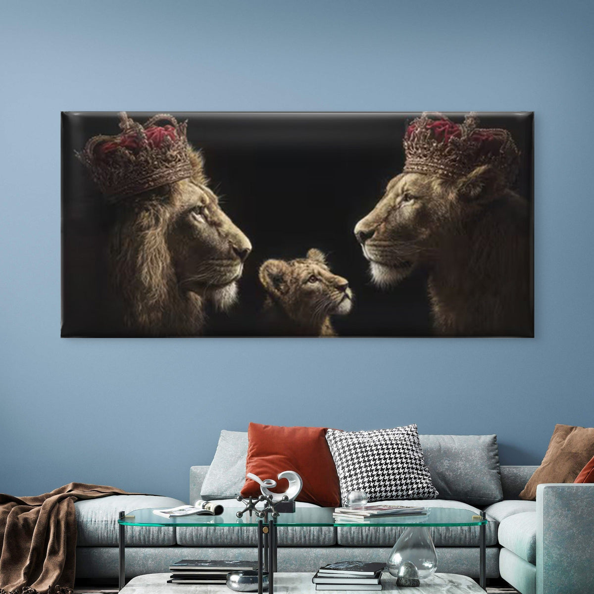Majestic Crowned Lions, Vintage Wildlife Wall Art Canvas Office Home Room Framed 80x45cm
