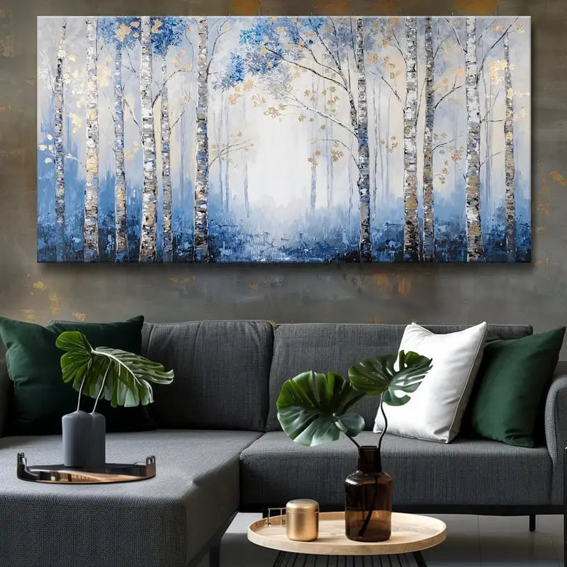 Forest Modern Nature Blue & White Wall Art canvas office home room framed 120x60cm