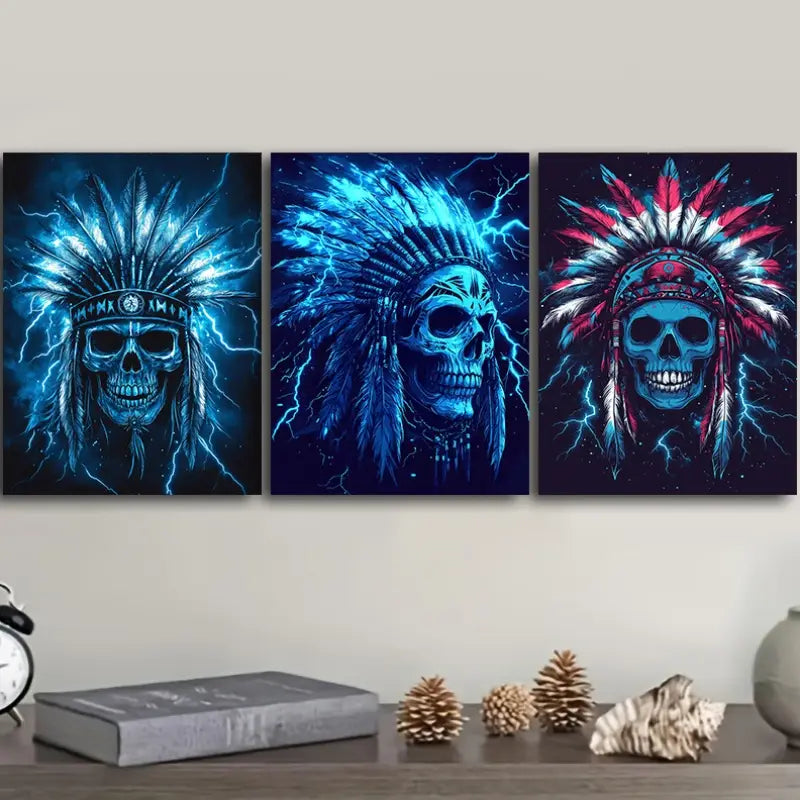3pcs Native American Chief Skull Design Metal Print Ready to Hang Art