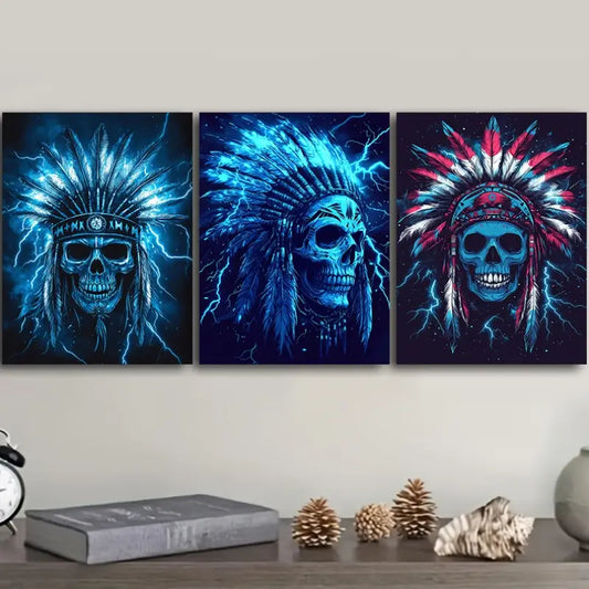 3pcs Native American Chief Skull Design Metal Print Ready to Hang Art