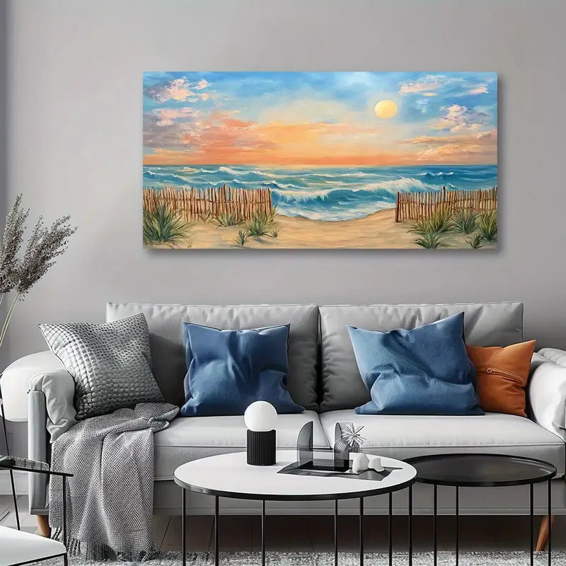 Nautical Beach Sunset Vibrant Coastal Scene Serene Ocean Waves & Sandy Shores Wall Art canvas office home room framed 120x60cm