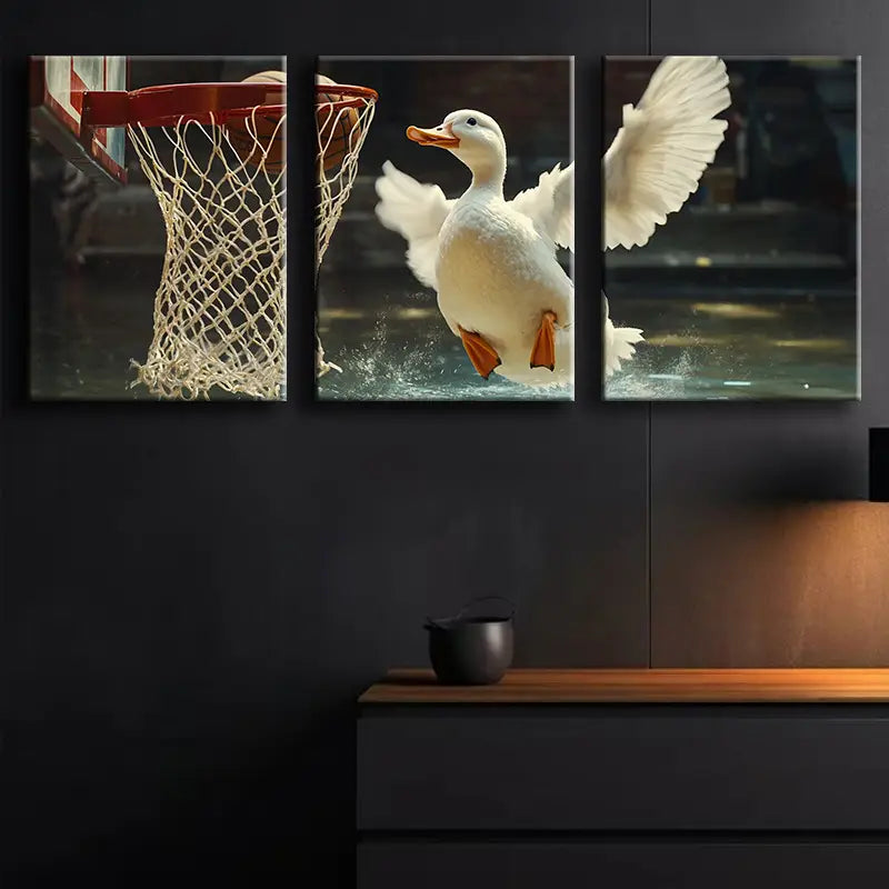 3pcs Featuring Ducks Engaged in a Game of Basketball Metal Print Ready to Hang Art