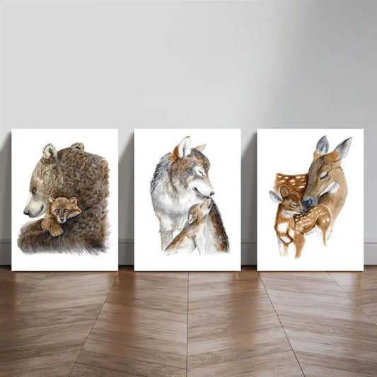 3pcs Grizzly Bear, Wolf, Deer, Minimalism, Wildlife Metal Print Ready to Hang Art