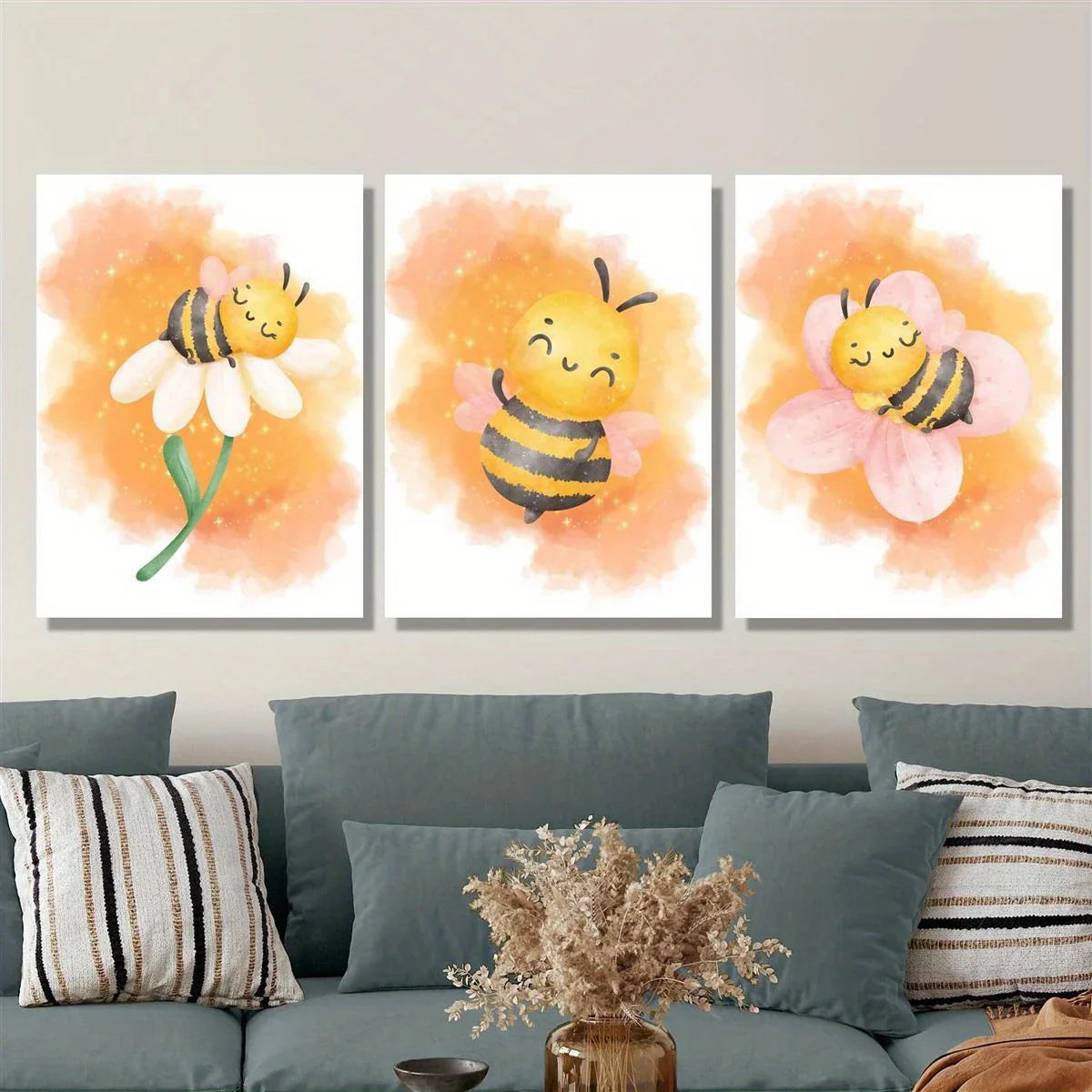 3pcs Cute Bee & Floral Watercolor Design Metal Print Ready to Hang Art
