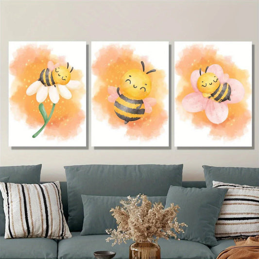 3pcs Cute Bee & Floral Watercolor Design Metal Print Ready to Hang Art