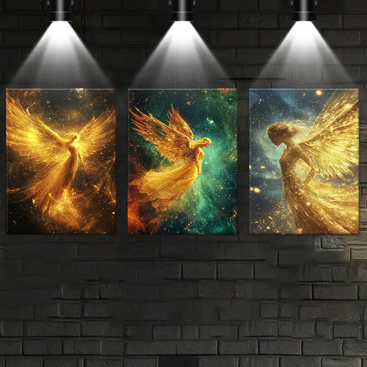 3pcs Glowing Angel Stunning Golden Painting Metal Print Ready to Hang Art