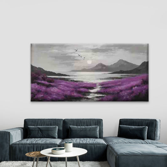 Purple Meadow & Mountain Sunset Wall Art Canvas Office Home Room Framed 80x45cm