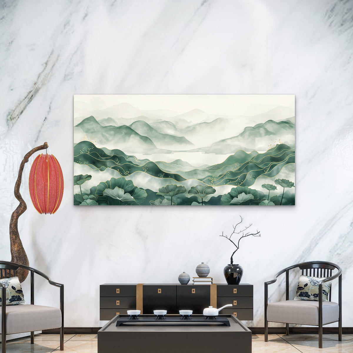 Misty Peaks, Golden Lines Wall Art Canvas Office Home Room Framed 120x60cm