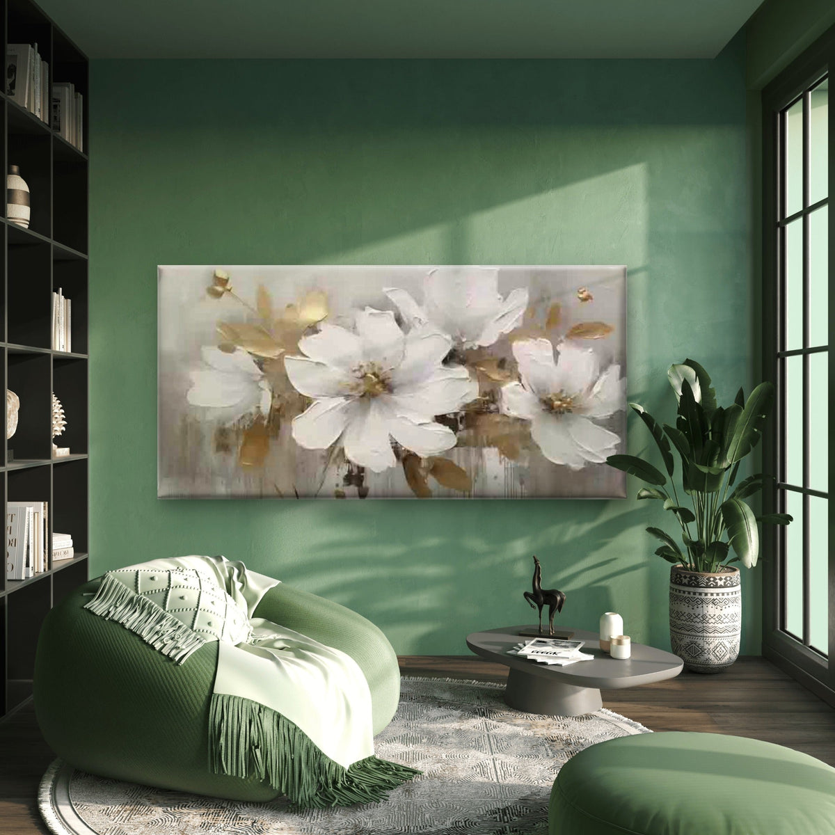 White And Golden Floral Wall Art Canvas Office Home Room Framed 80x45cm