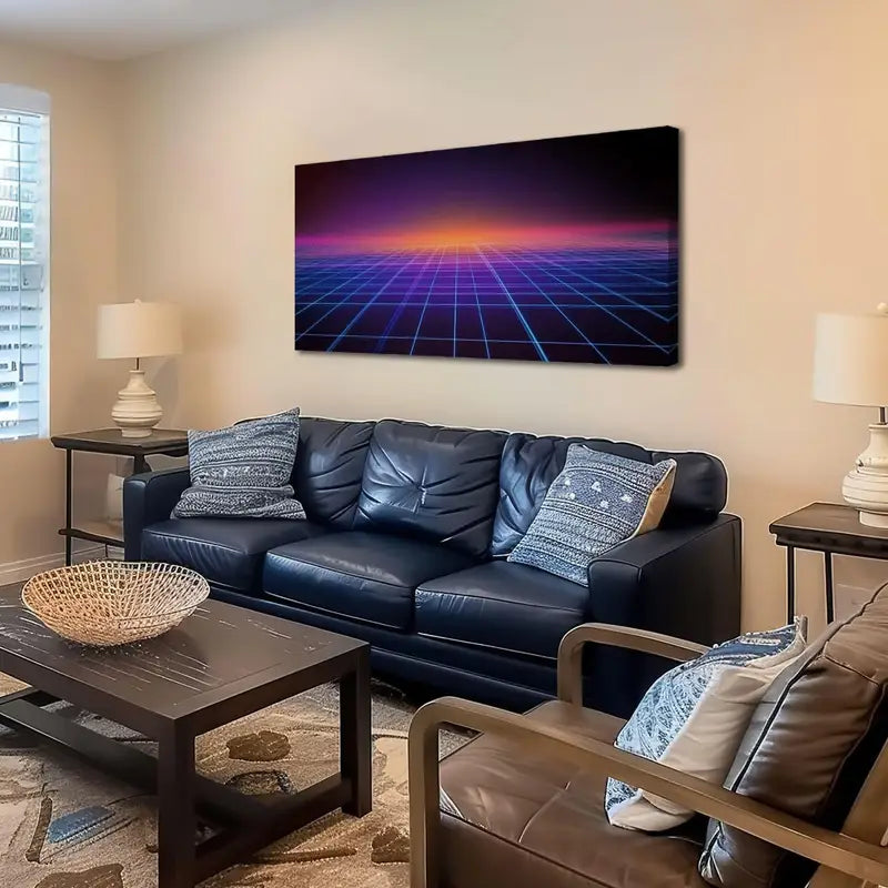 Retro Surface Blue Lines Purple & Orange Wall Art canvas office home room framed 120x60cm