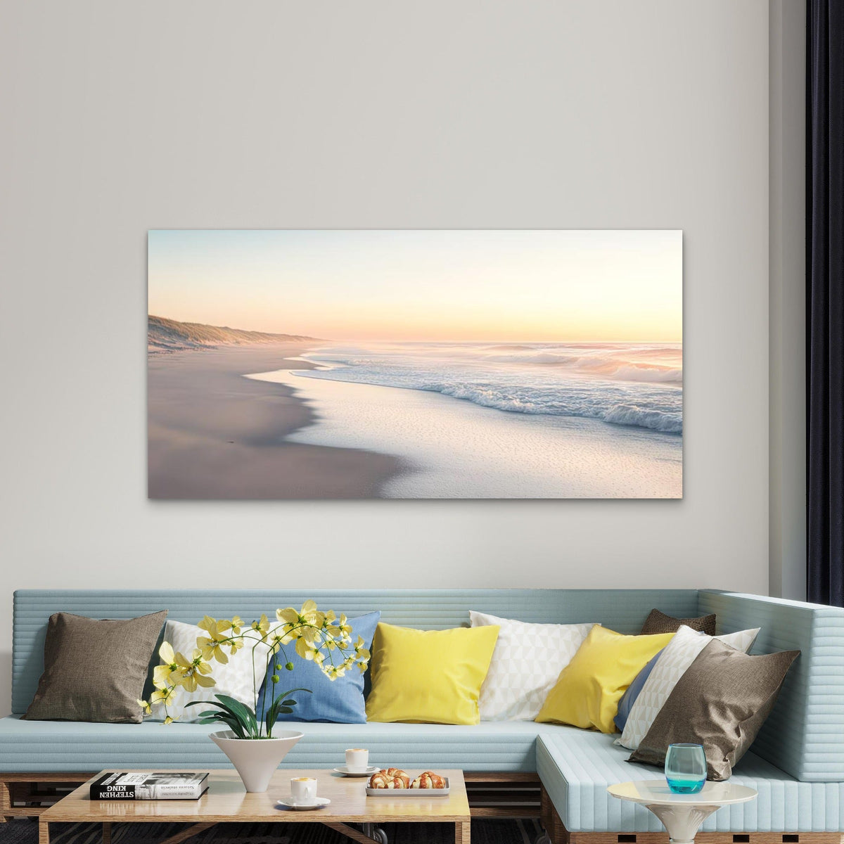 Featuring a Serene Beach Sunset Wall Art Canvas Office Home Room Framed 80x45cm