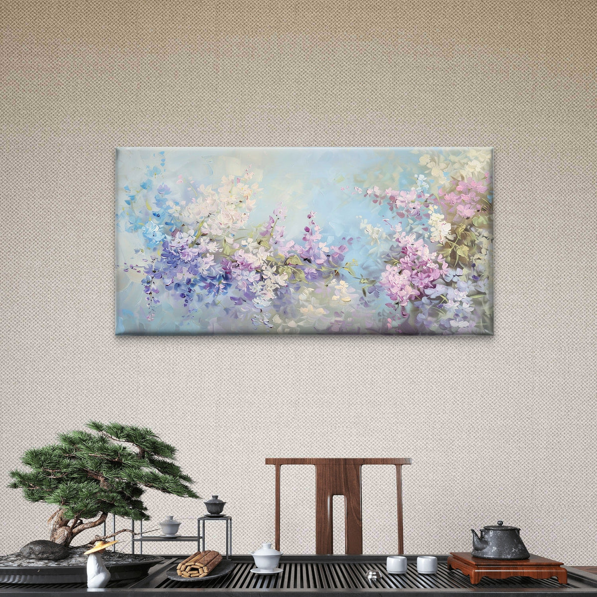 Purple Wisteria Floral Painting Wall Art Canvas Office Home Room Framed 80x45cm