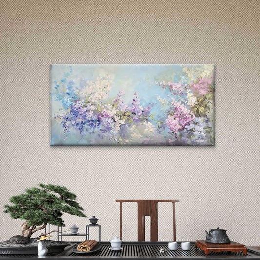 Purple Wisteria Floral Painting Wall Art Canvas Office Home Room Framed 80x45cm