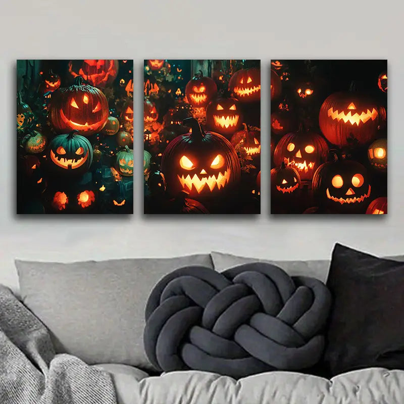 3pcs Pumpkins with different faces Metal Print Ready to Hang Art