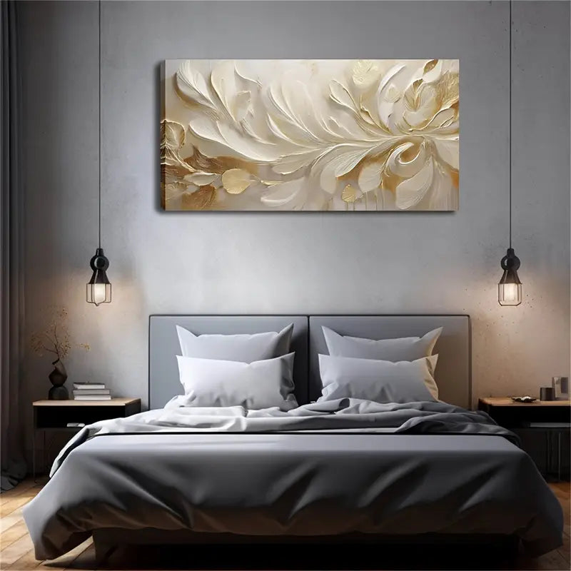 Elegant White Golden Floral Design Wall Art Canvas Office Home Room Framed 120x60cm