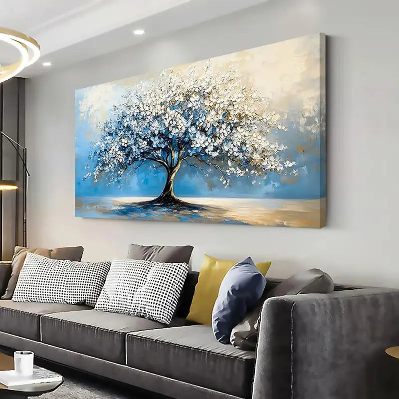 Contemporary Tree Navy Blue White Floral Nature Wall Art canvas office home room framed 120x60cm