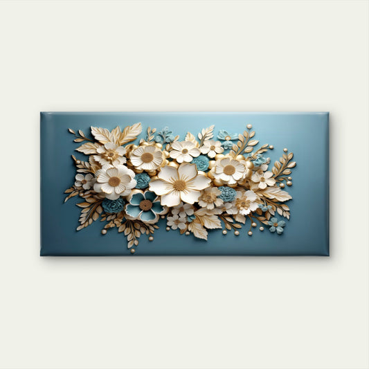 Gilded Azure Floral Harmony Wall Art Canvas Office Home Room Framed 80x45cm