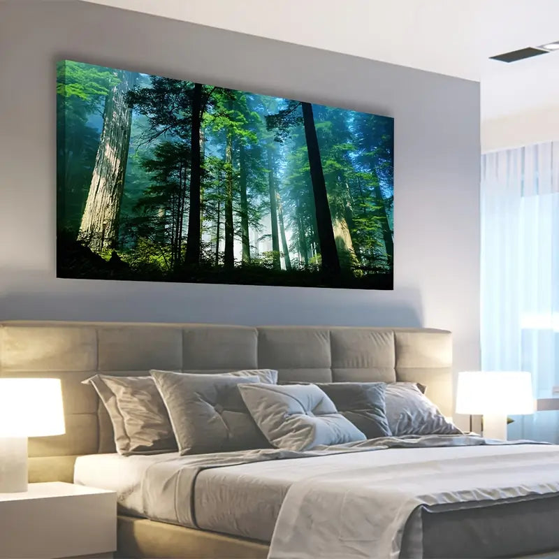 Spring Forest Misty Woods Nature Green Trees Scenic Wall Art canvas office home room framed 120x60cm