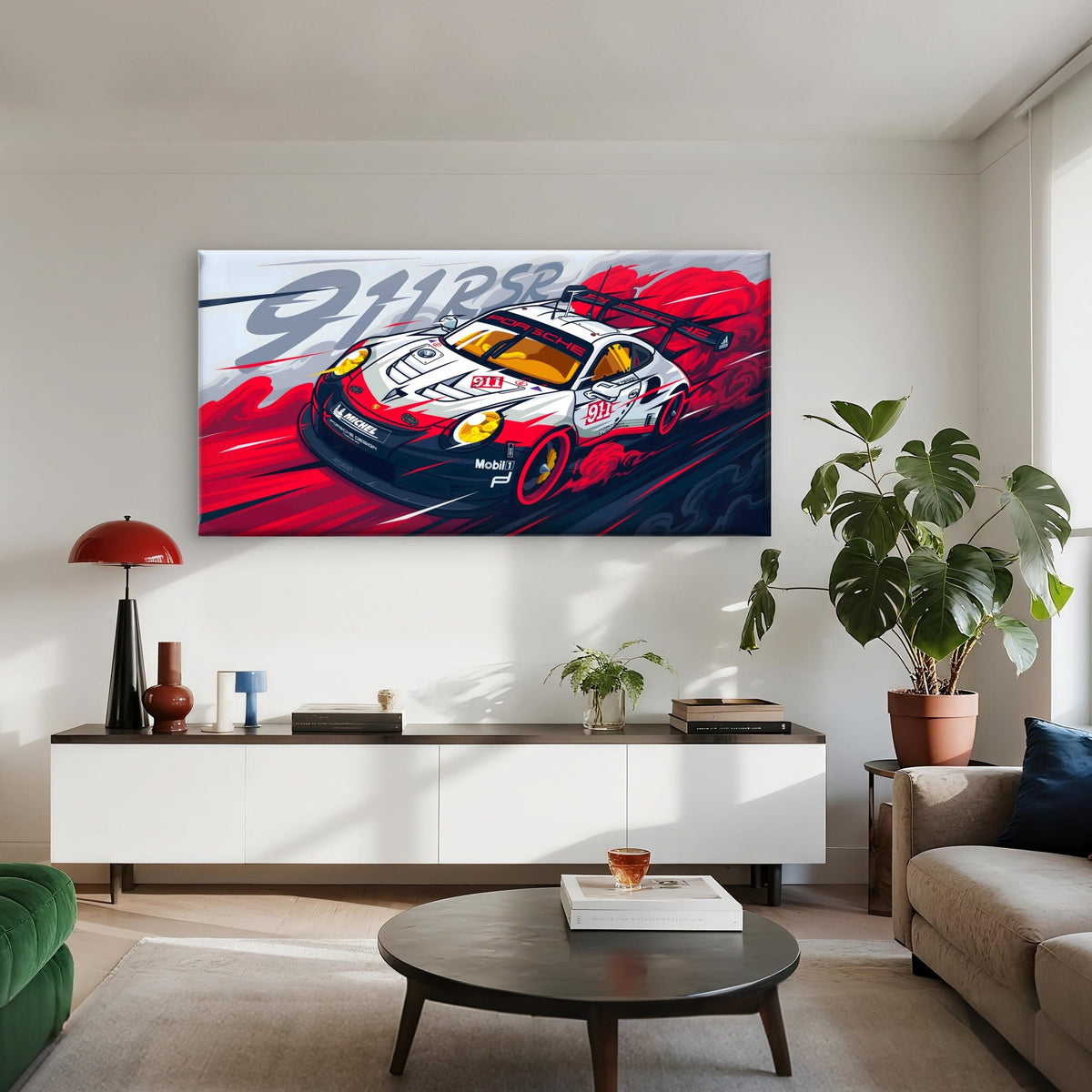 White & Red Drifting Supercar Wall Art Canvas Office Home Room Framed 120x60cm
