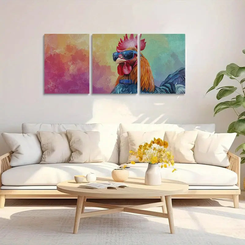 3pcs Watercolor Vibrant Rooster Multicolor Metal Print Ready to Hang Art