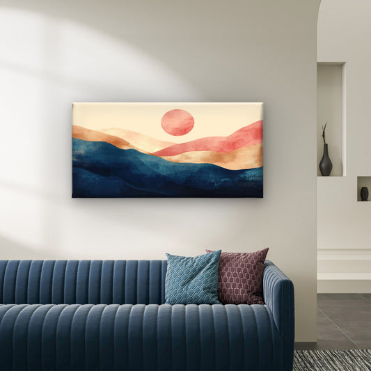 Abstract Indigo Terracotta Sun Ridge Wall Art Canvas Office Home Framed 80x45cm