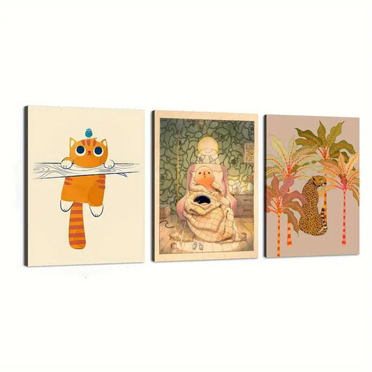 3pcs cat with a stick in its mouth, Stealthy of the Leopard Metal Print Ready to Hang Art