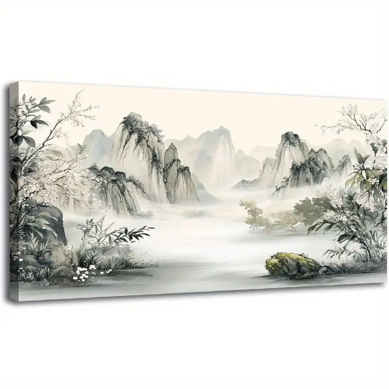 Glow Foggy Mountain Scene Misty Peaks & Serene Wall Art canvas office home room framed 120x60cm