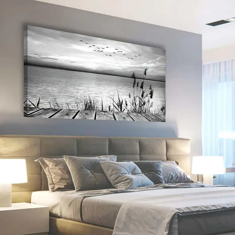 Black White Sunset Lake Flying Birds Nature Wall Art canvas office home room framed 120x60cm