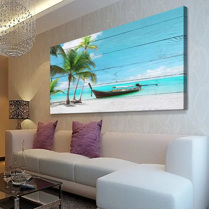 Vibrant Seascape Tropical Coconut Tree Ocean Wall Art canvas office home room framed 120x60cm