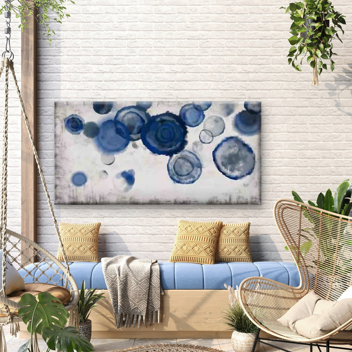 Blue Abstract Ink Circles Wall Art Canvas Office Home Room Framed 80x45cm