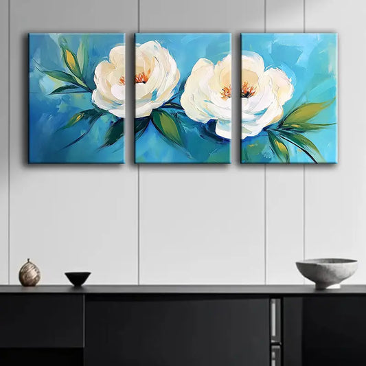 3pcs White Flowers with Blue Leaves Metal Print Ready to Hang Art