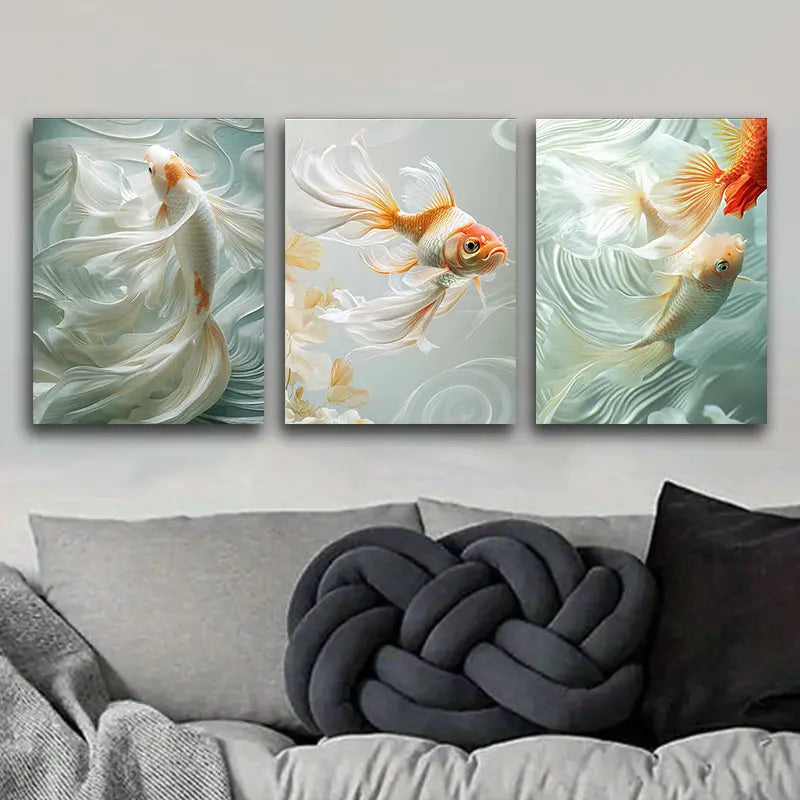 3pcs Golden Fish in The Water Metal Print Ready to Hang Art