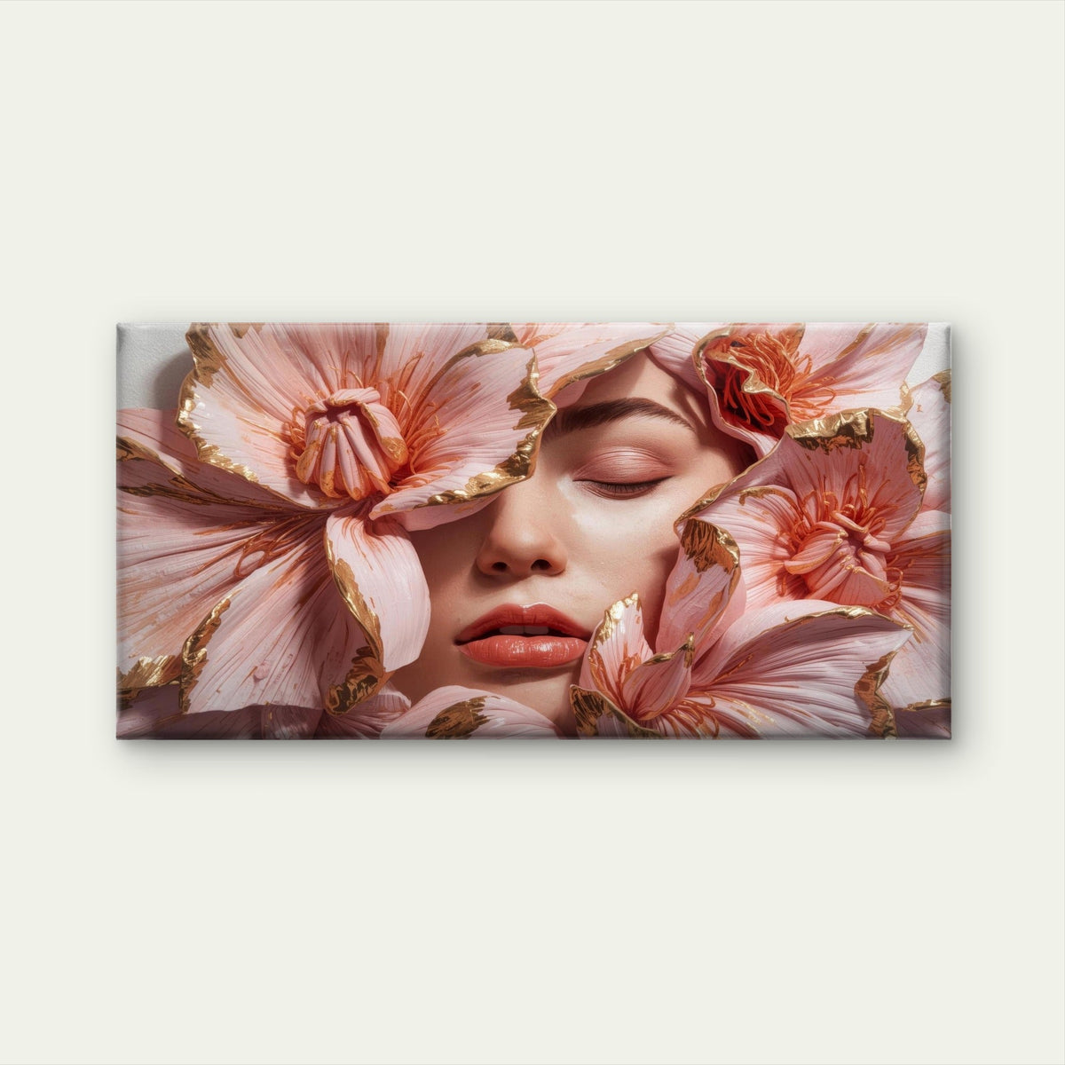 Woman Pink Flower Gold Foil Wall Art Canvas Office Home Room Framed 80x45cm