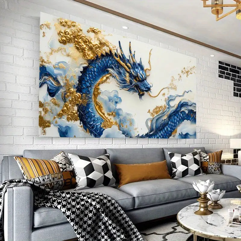 Blue and Gold Dragon Wall Art wall canvas office home room framed 120x60cm