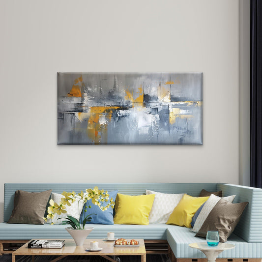 Abstract Gray Yellow Painting Wall Art Canvas Office Home Framed 80x45cm