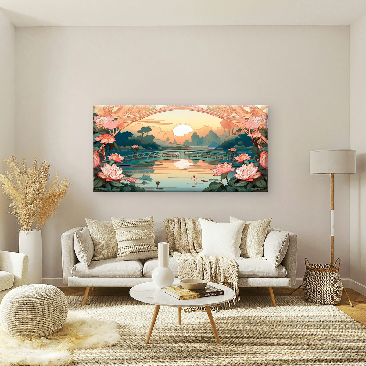 Japanese Lotus Bridge Sunset Wall Art Canvas Office Home Room Framed 120x60cm