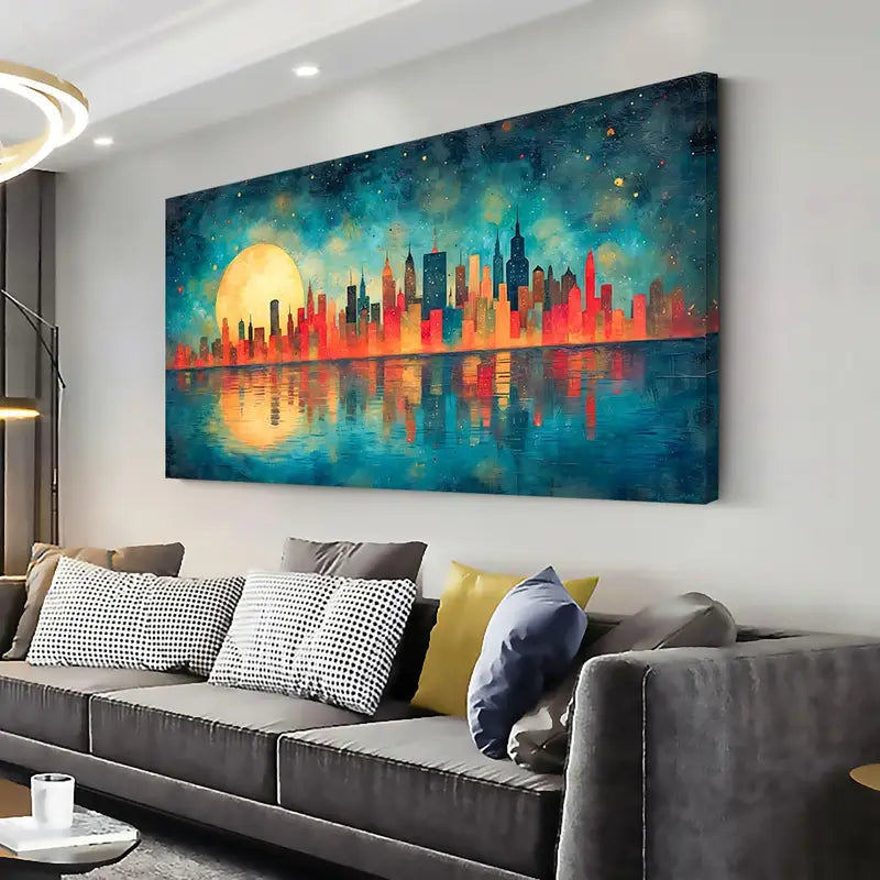 Blue Red Cityscape Radiant Golden Moon Wall Art canvas office home room framed 120x60cm