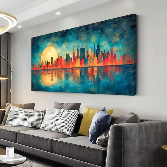 Blue Red Cityscape Radiant Golden Moon Wall Art canvas office home room framed 120x60cm