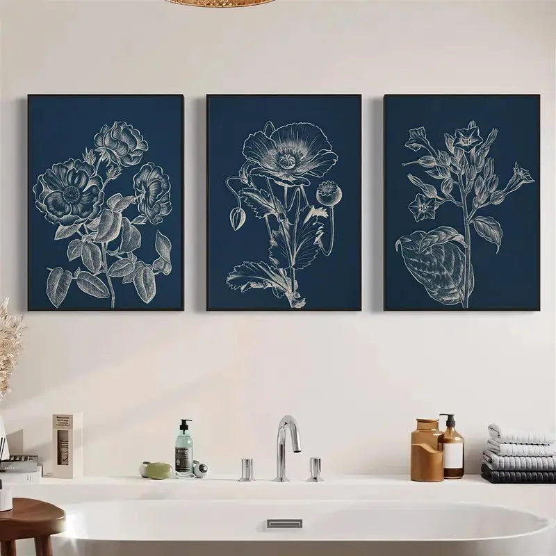 3pcs Blue-White Floral Line Art Design Metal Print Ready to Hang Art