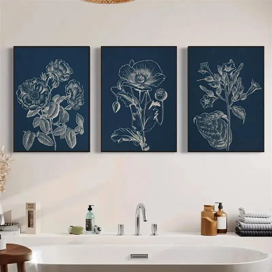 3pcs Blue-White Floral Line Art Design Metal Print Ready to Hang Art