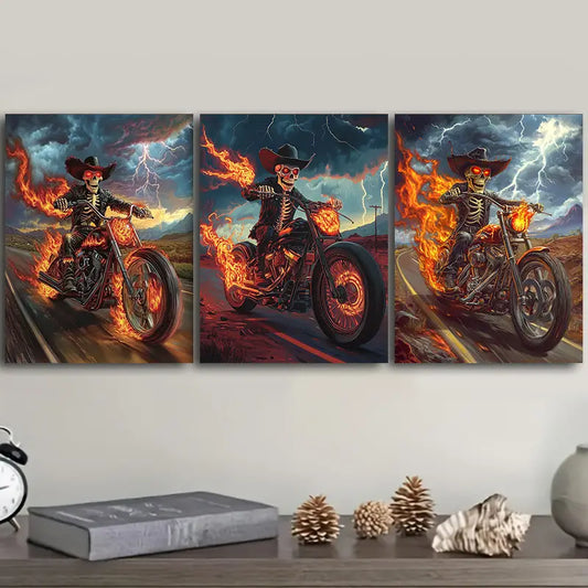 3pcs Skeleton on a motorcycle Metal Print Ready to Hang Art