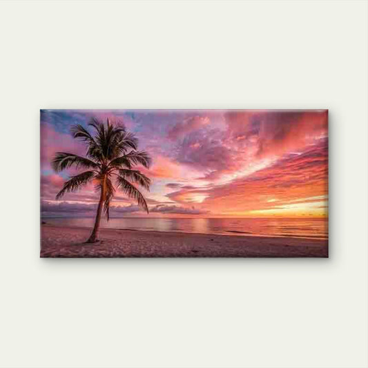 Tropical Beach Sunset Palm Tree Wall Art Canvas Office Home Room Framed 80x45cm