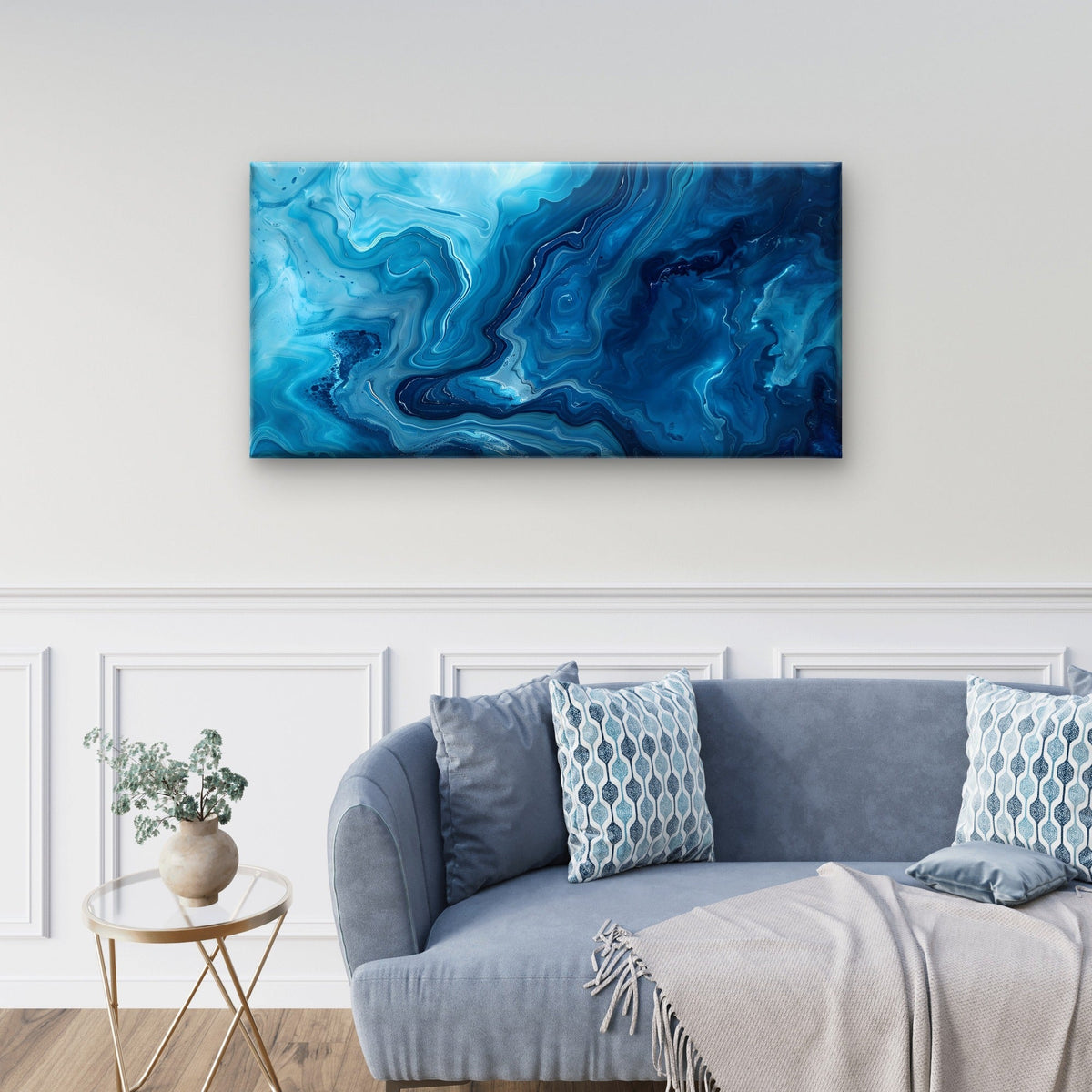 Navy Teal Fluid Swirl Painting Wall Art Canvas Office Home Framed 80x45cm