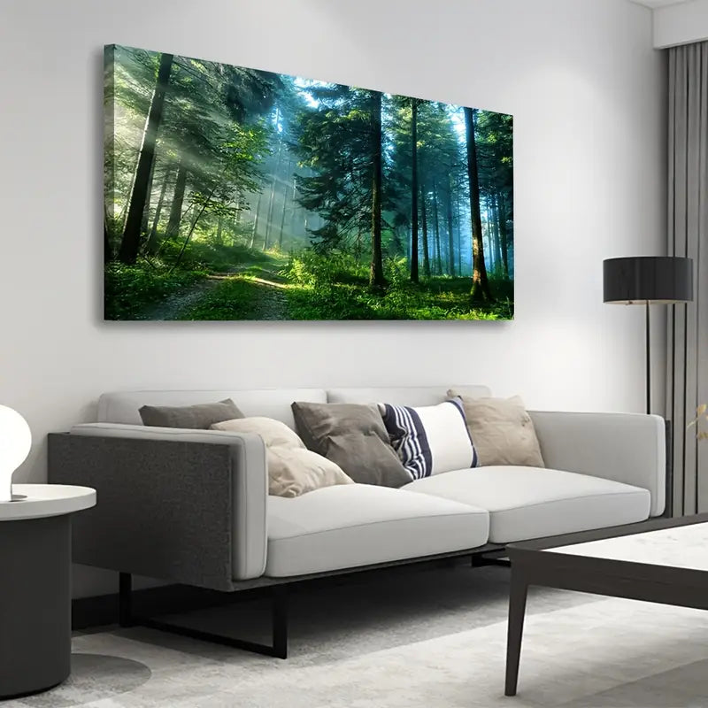Green Forest Morning Sunlight Filtering Trees Serene Nature Scene Wall Art canvas office home room framed 120x60cm