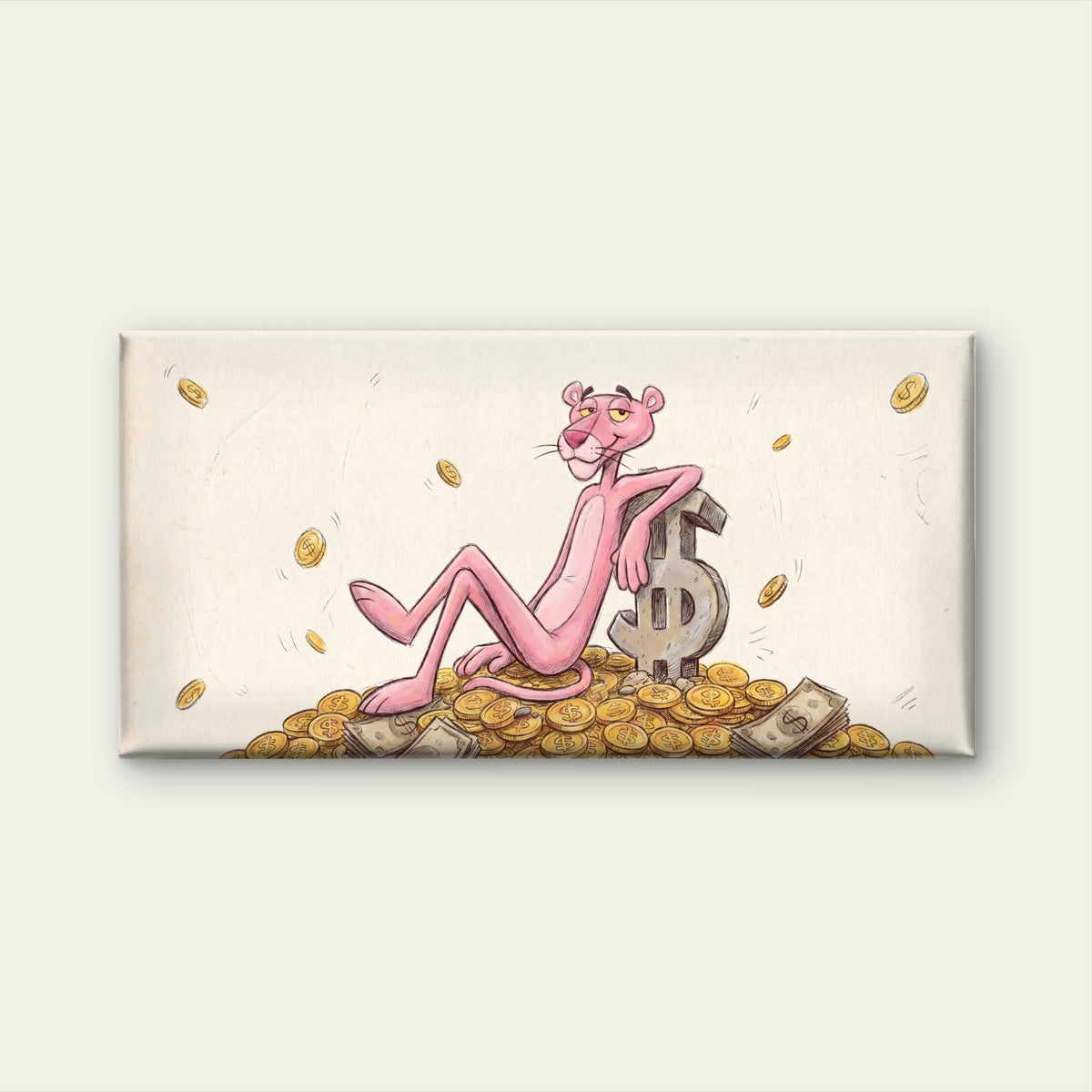 Pink Cat Money Illustration Wall Art Canvas Office Home Room Framed 80x45cm