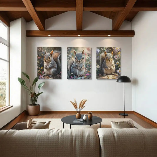 3pcs Gray Squirrel Vibrant Floral & Butterfly Nature Scenes Metal Print Ready to Hang Art