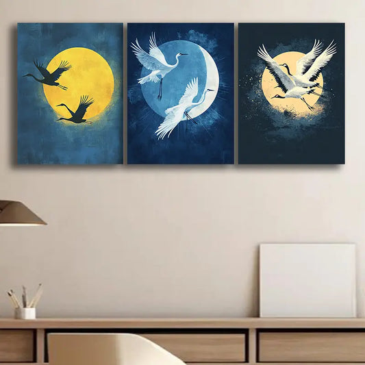 3pcs Moonlit Cranes Metal Print Ready to Hang Art