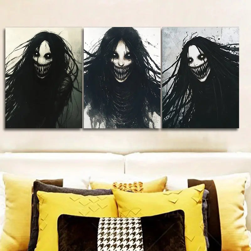 3pcs Black Hair, White Eyes Metal Print Ready to Hang Art