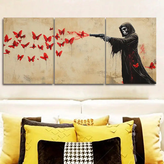 3pcs Death Shooting Red Butterflies Metal Print Ready to Hang Art